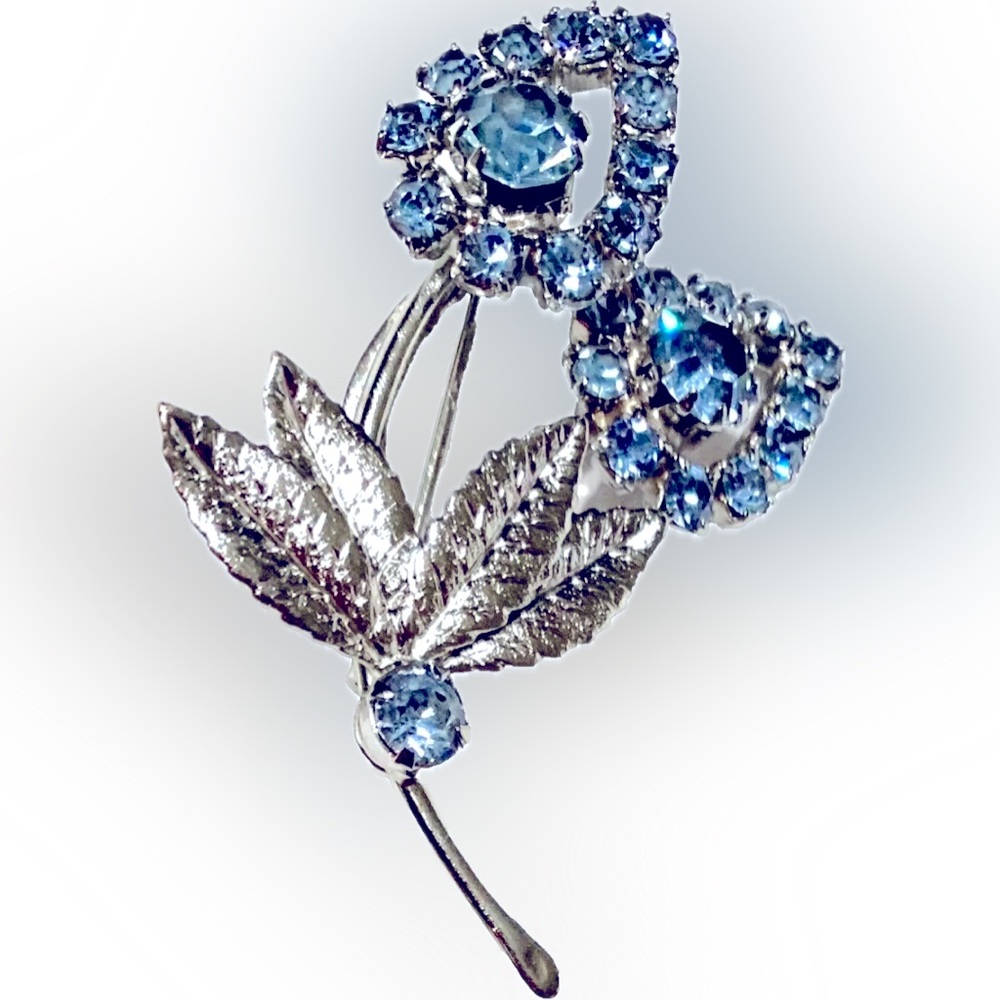 Vintage Sky Blue Rhinestone Tulip & Silver Leaves Brooch
